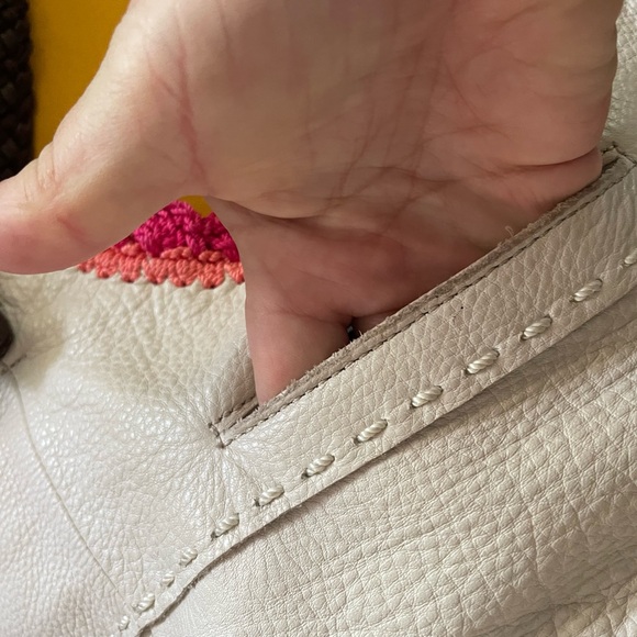 The Sak Sierra Leather Bag Purse Off White Pink Crochet Woven Trim Shopper Stone - Picture 3 of 11